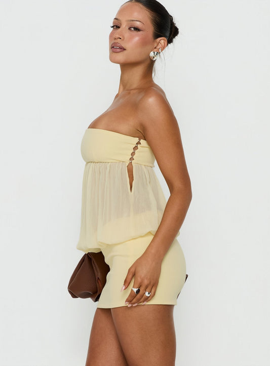 Howland Strapless Sheer Blouson Mini Dress Yellow